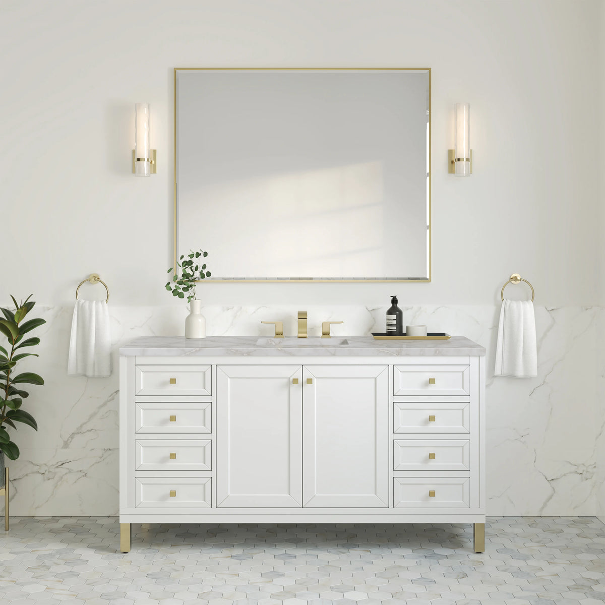 Chicago 60" Single Vanity, Glossy White, w/ 3 CM Victorian Silver Silestone® Top, view 4