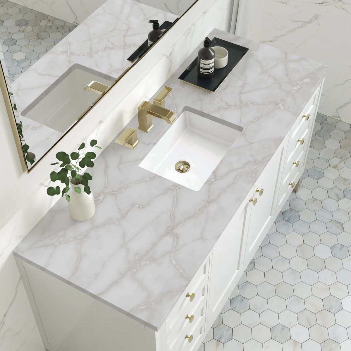Chicago 60" Single Vanity, Glossy White, w/ 3 CM Victorian Silver Silestone® Top, view 8