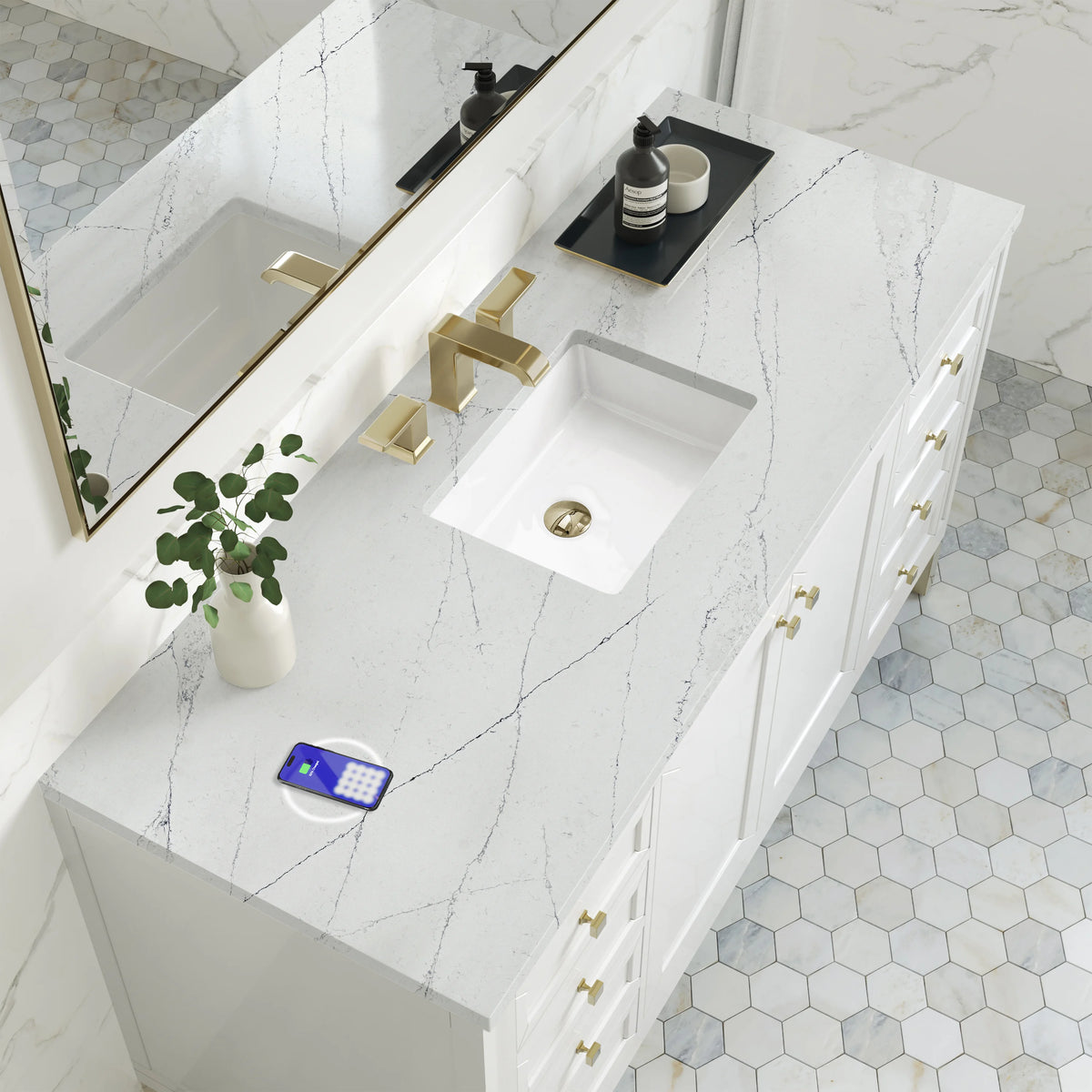 Chicago 60" Single Vanity, Glossy White, w/ 3 CM Ethereal Noctis Silestone Top w/ FreePower Wireless Charger, view 9