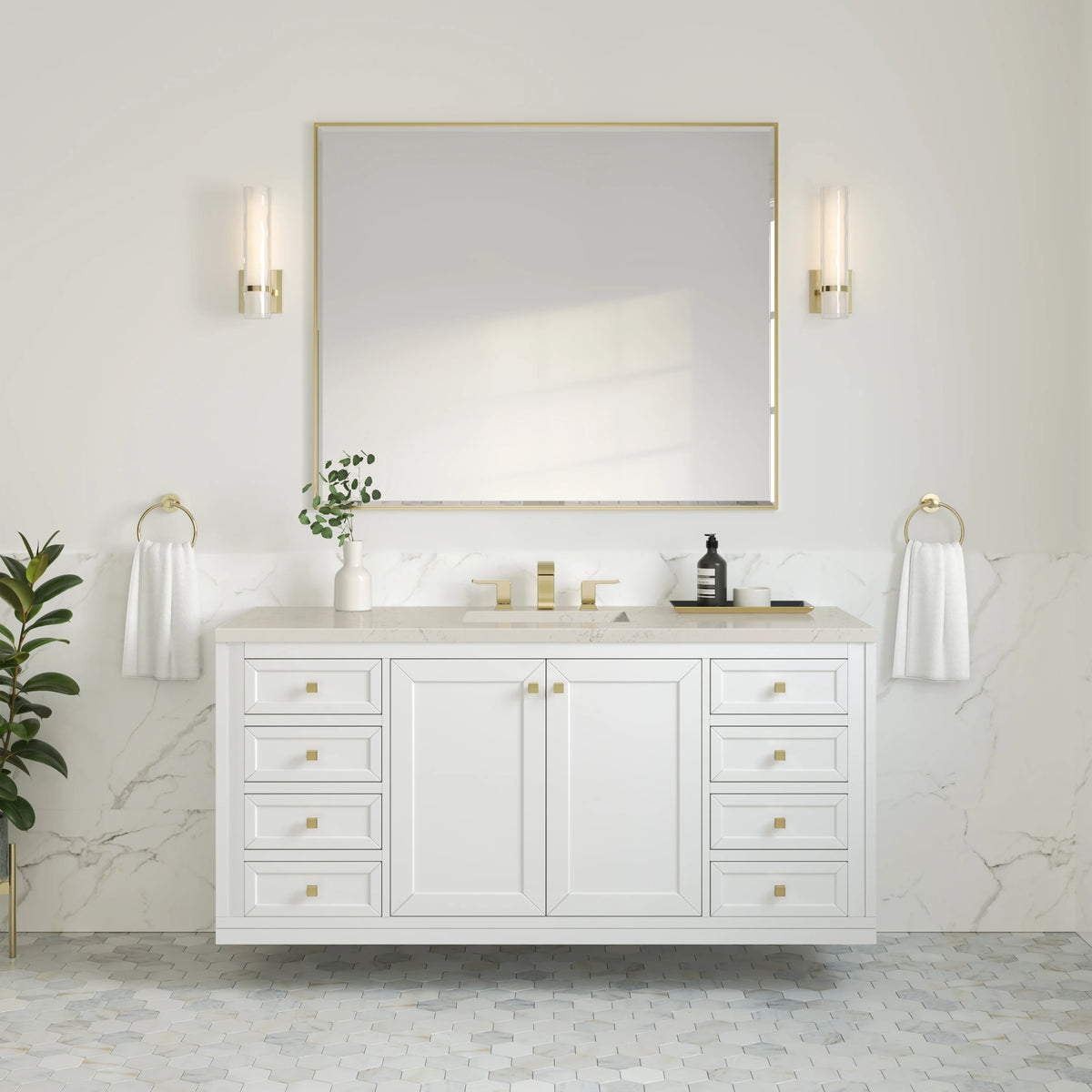 Chicago 60" Single Vanity, Glossy White, w/ 3 CM Siberian Silestone Top w/FreePower Wireless Charger, view 8