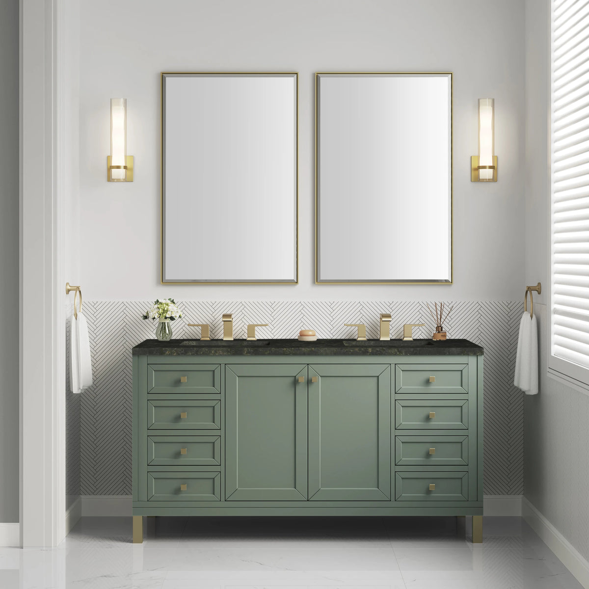Chicago 60" Double Vanity, Smokey Celadon, w/ 3 CM Phantome Eclos Top, view 3