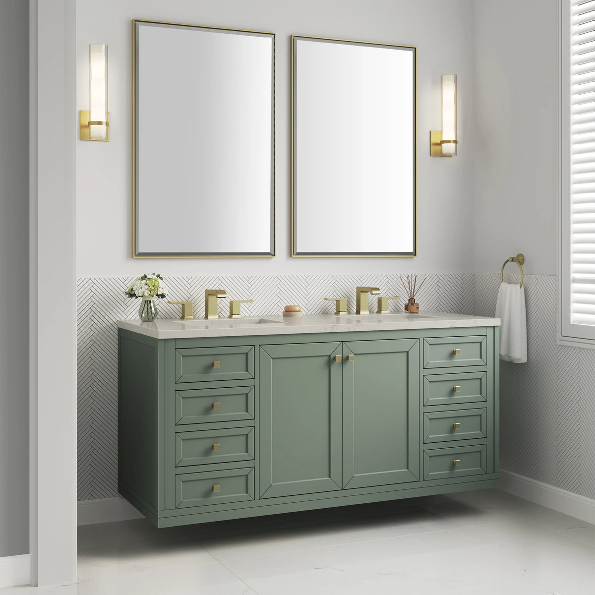 Chicago 60" Double Vanity, Smokey Celadon, w/ 3 CM Siberian Silestone Top, view 6