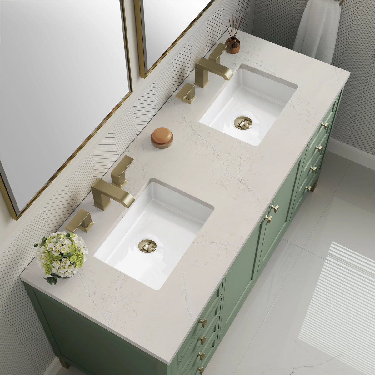 Chicago 60" Double Vanity, Smokey Celadon, w/ 3 CM Siberian Silestone Top, view 7