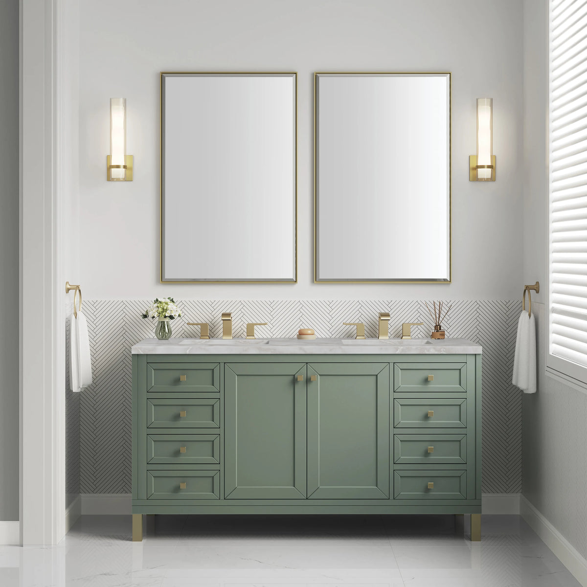 Chicago 60" Double Vanity, Smokey Celadon, w/ 3 CM Victorian Silver Silestone® Top, view 4