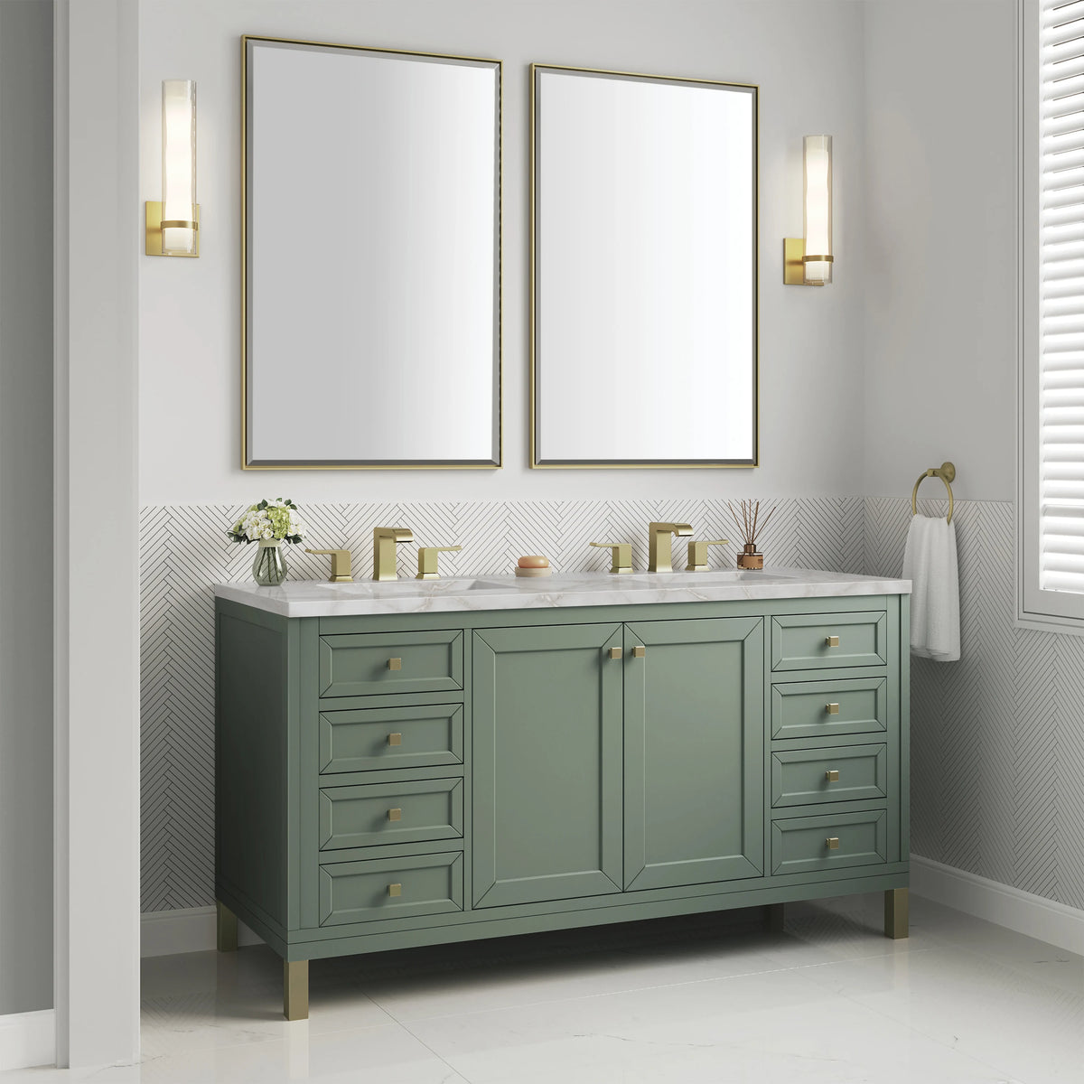 Chicago 60" Double Vanity, Smokey Celadon, w/ 3 CM Victorian Silver Silestone® Top, view 5
