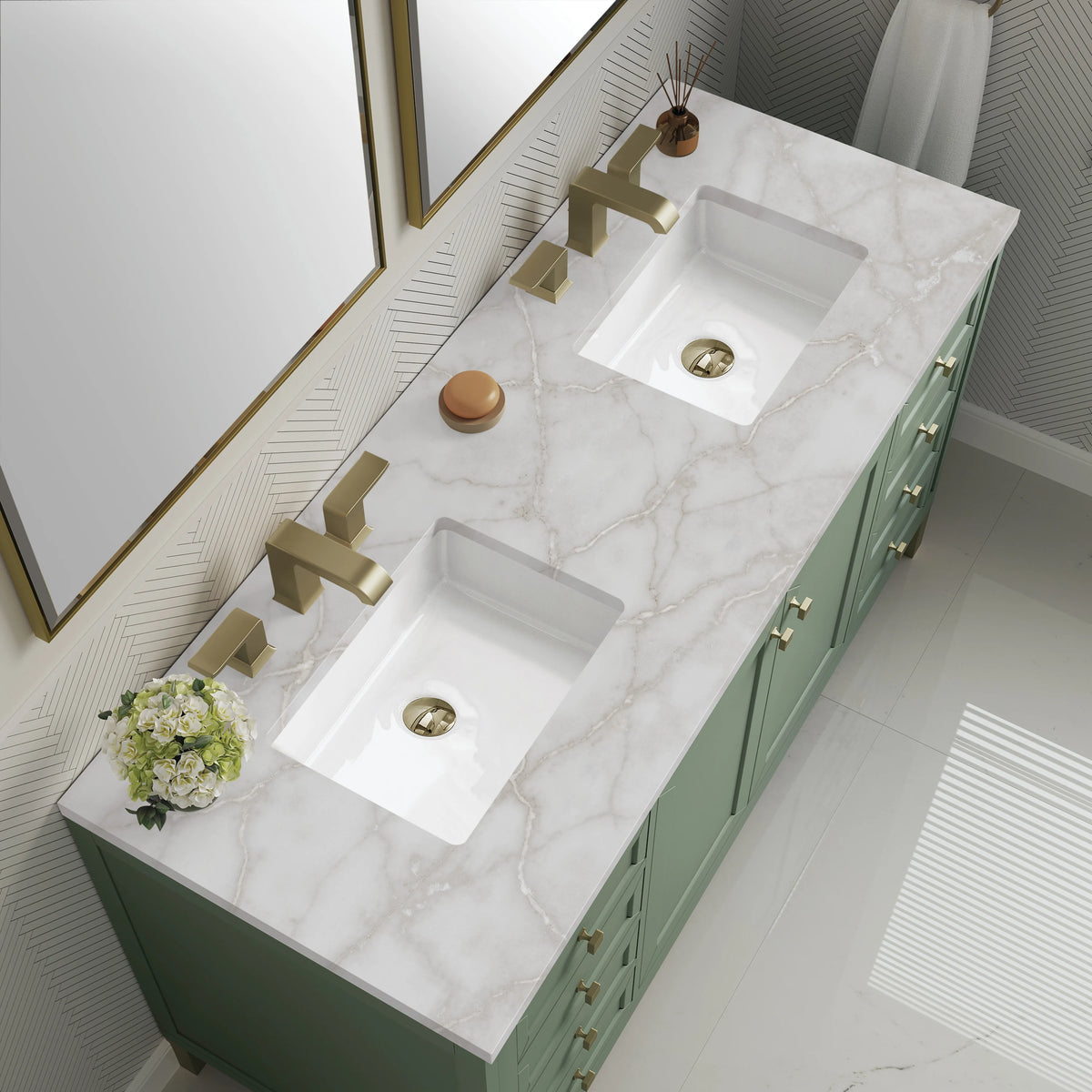 Chicago 60" Double Vanity, Smokey Celadon, w/ 3 CM Victorian Silver Silestone® Top, view 8
