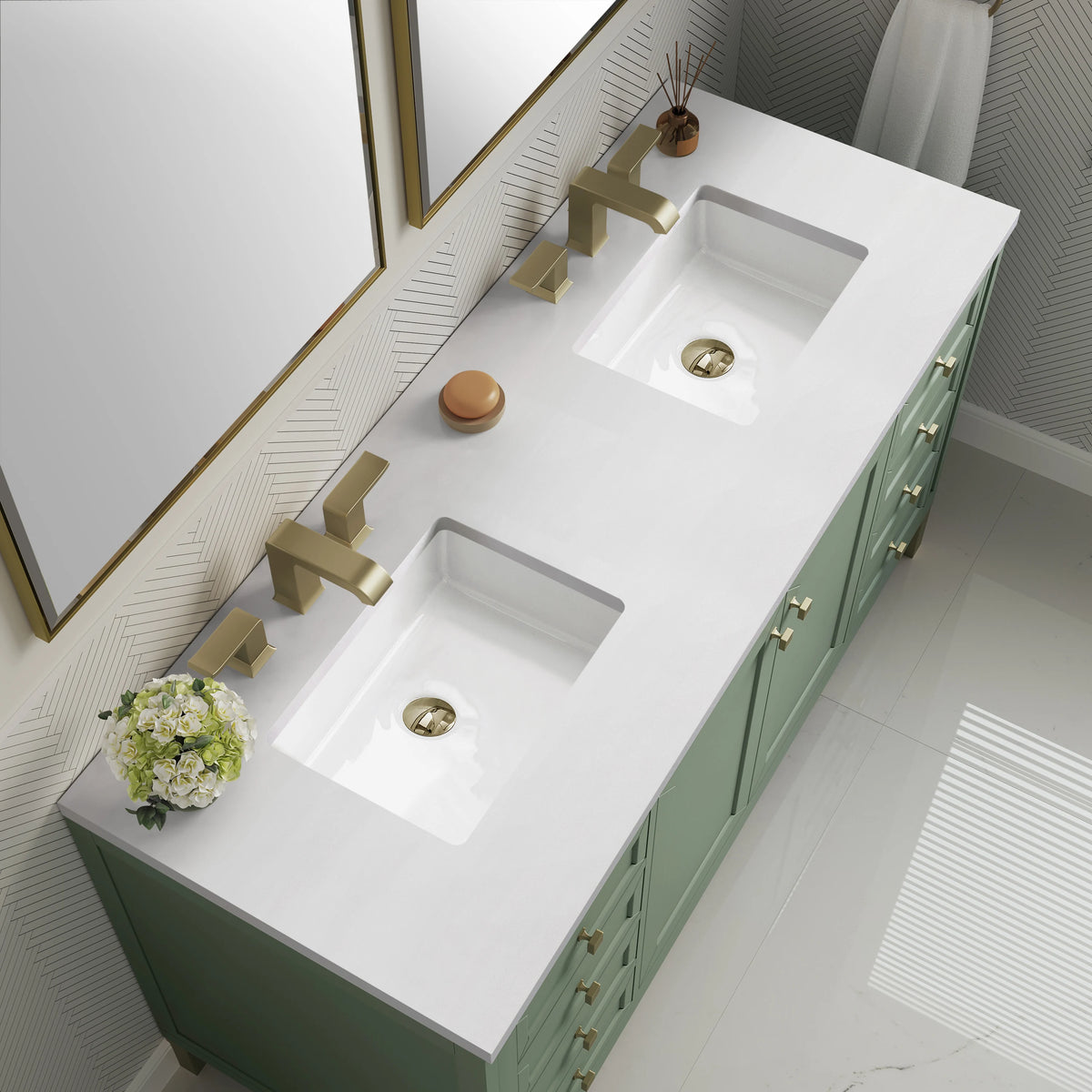 Chicago 60" Double Vanity, Smokey Celadon, w/ 3 CM White Zeus Silestone® Top, view 11