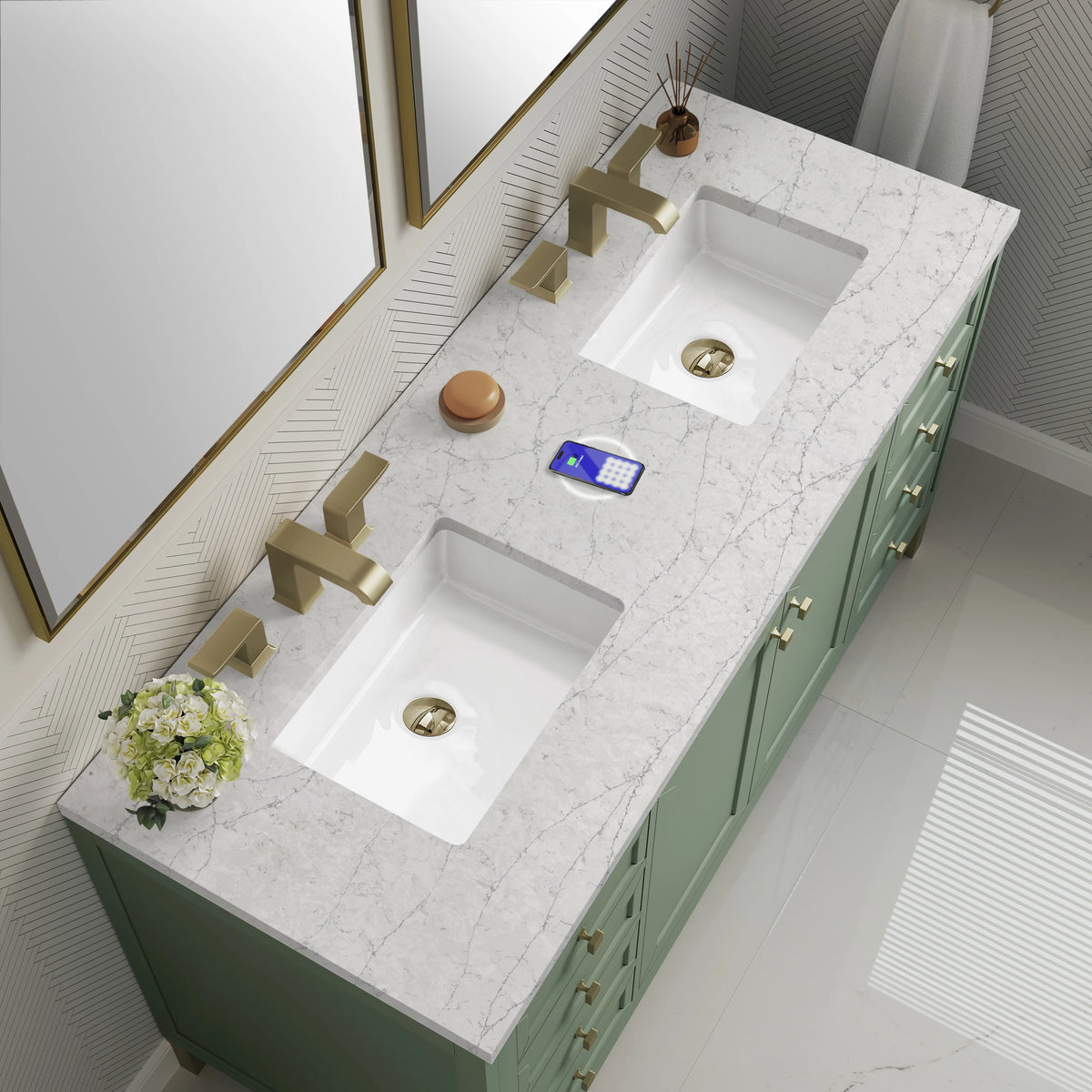 Chicago 60" Double Vanity, Smokey Celadon, w/ 3 CM Eternal Jasmine Pearl Silestone® Top w/FreePower Wireless C, view 12