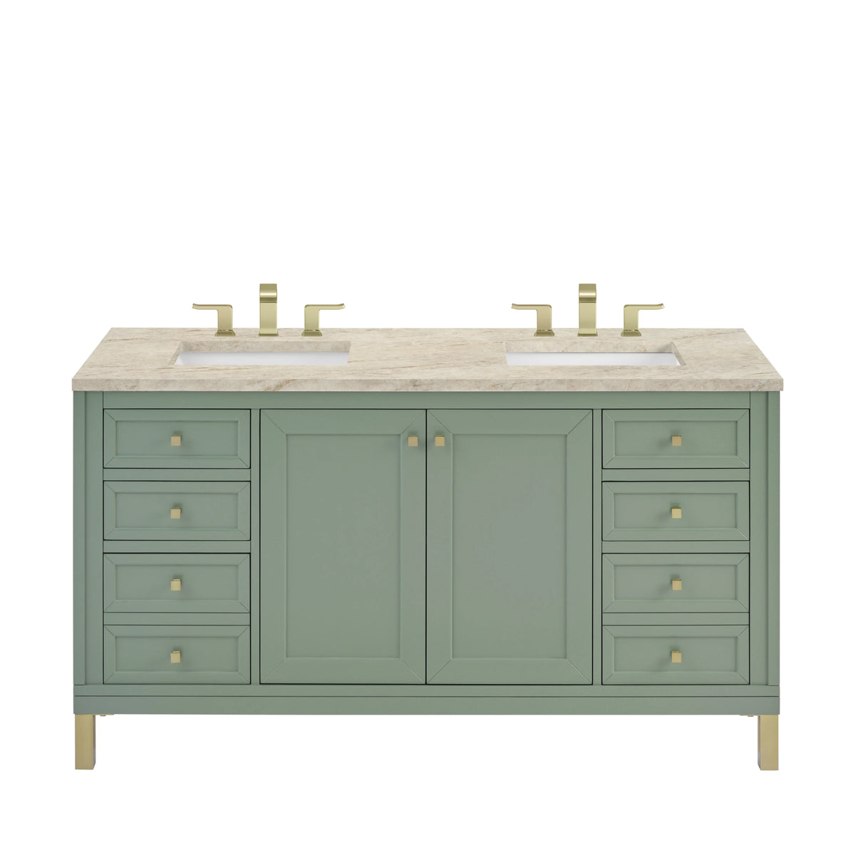 Chicago 60" Double Vanity, Smokey Celadon, w/ 3 CM Tajnar Eclos Top w/FreePower Wireless Charger