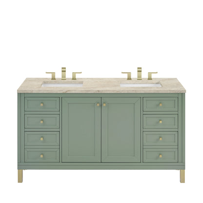 Chicago 60" Double Vanity, Smokey Celadon, w/ 3 CM Tajnar Eclos Top w/FreePower Wireless Charger