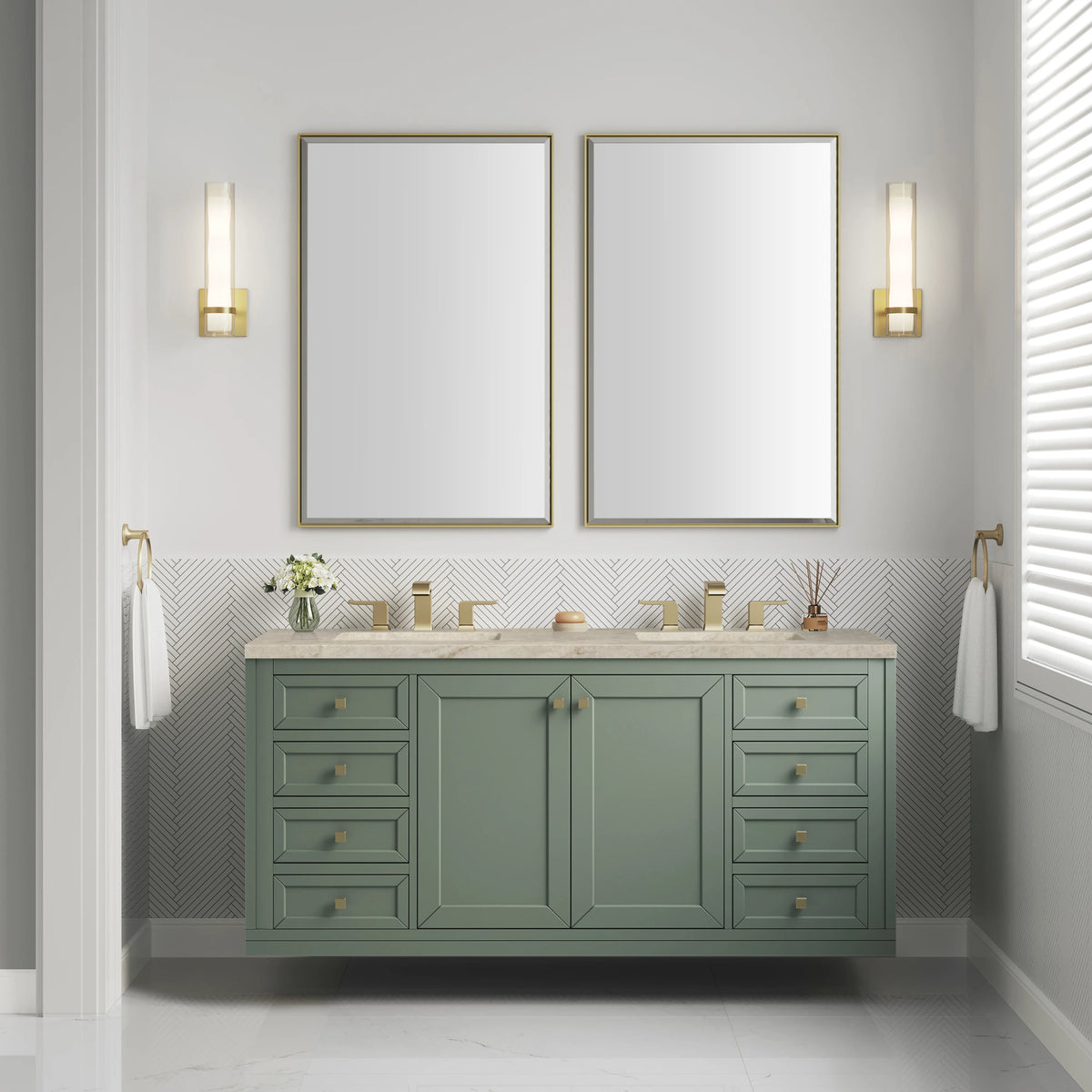 Chicago 60" Double Vanity, Smokey Celadon, w/ 3 CM Tajnar Eclos Top w/FreePower Wireless Charger, view 6