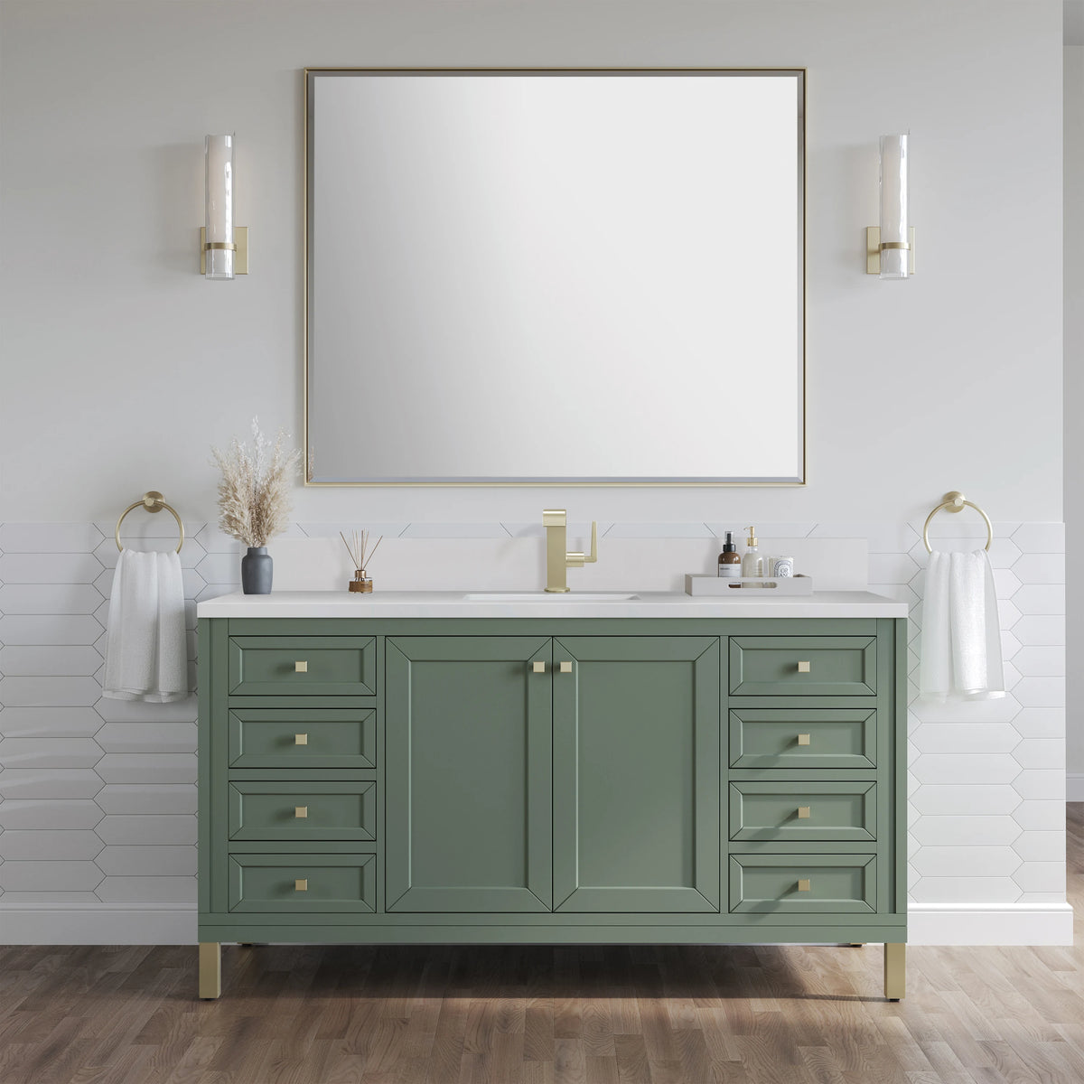 Chicago 60" Single Vanity, Smokey Celadon, w/ Single Hole 3CM White Zeus Silestone® Top & Backsplash, view 4