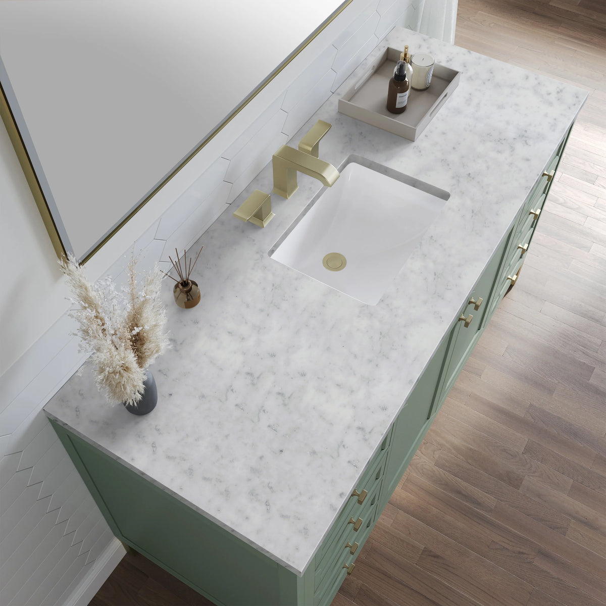 Chicago 60" Single Vanity, Smokey Celadon, w/ 3 CM Carrara Marble Top, view 9
