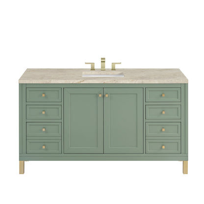 Chicago 60" Single Vanity, Smokey Celadon, w/ 3 CM Tajnar Eclos Top w/FreePower Wireless Charger