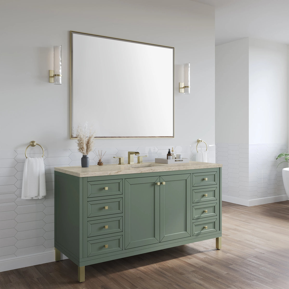 Chicago 60" Single Vanity, Smokey Celadon, w/ 3 CM Tajnar Eclos Top w/FreePower Wireless Charger, view 7