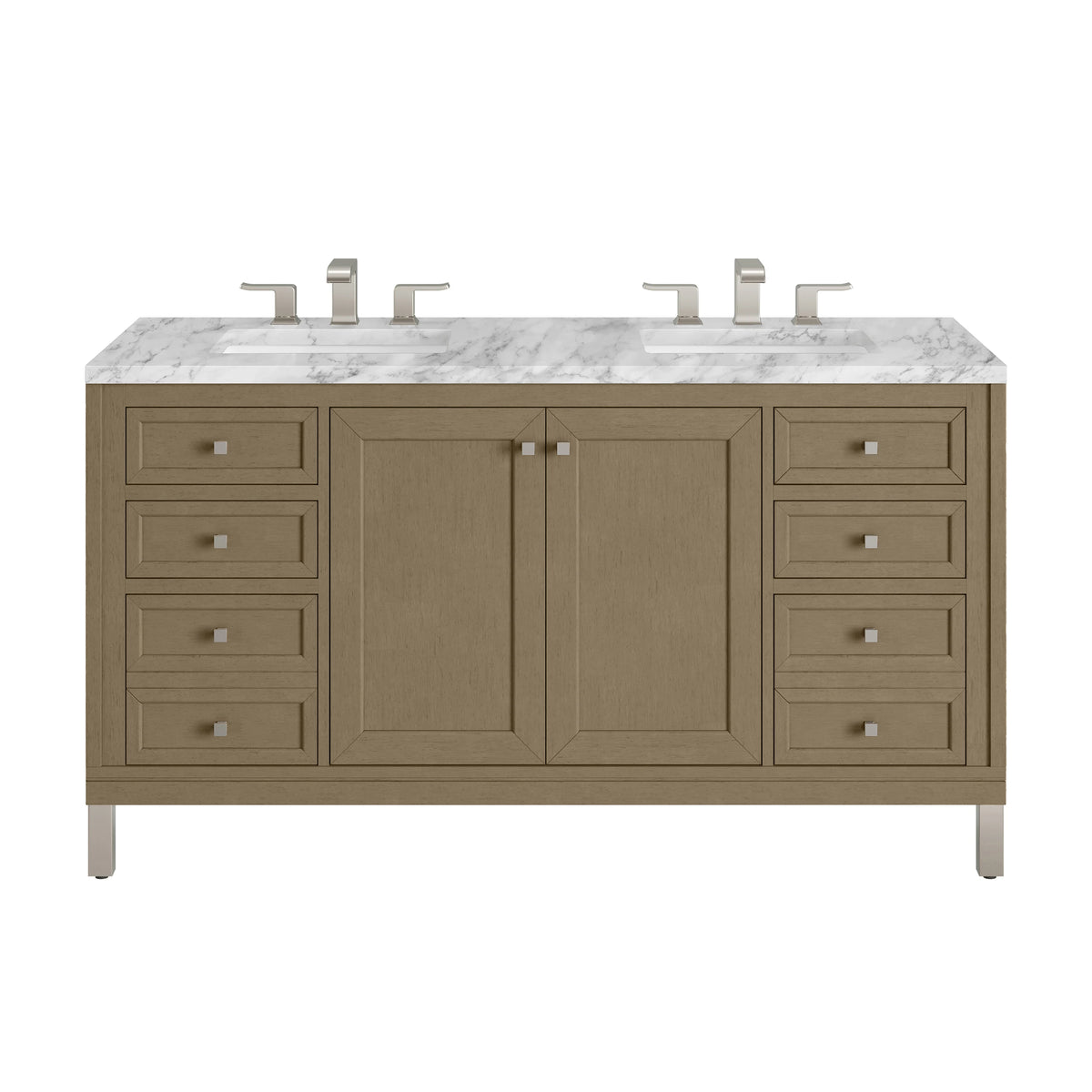 Chicago 60" Double Vanity, Walnut Whisper, w/ 3 CM Carrara Marble Top