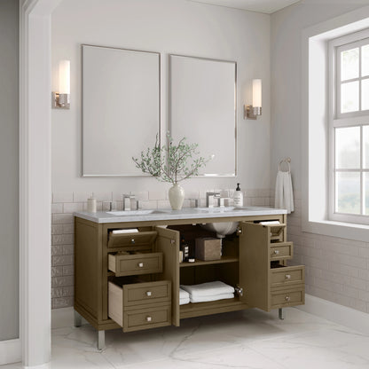 Chicago 60" Double Vanity, Walnut Whisper, w/ 3 CM Carrara Marble Top, view 10