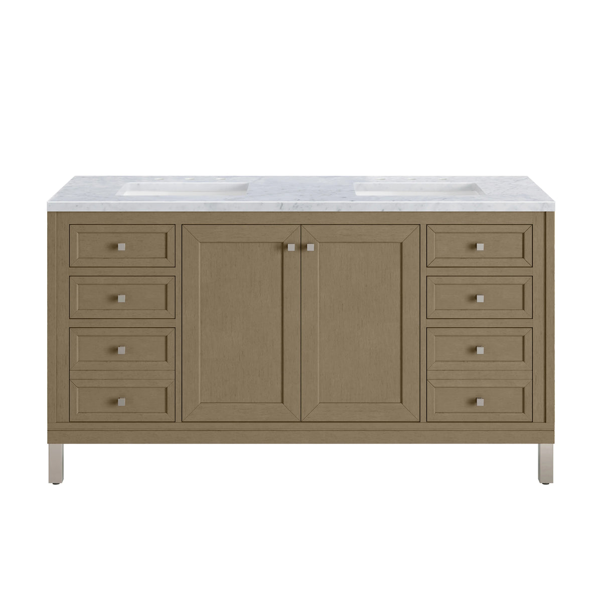Chicago 60" Double Vanity, Walnut Whisper, w/ 3 CM Carrara Marble Top, view 2