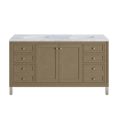 Chicago 60" Double Vanity, Walnut Whisper, w/ 3 CM Carrara Marble Top, view 2
