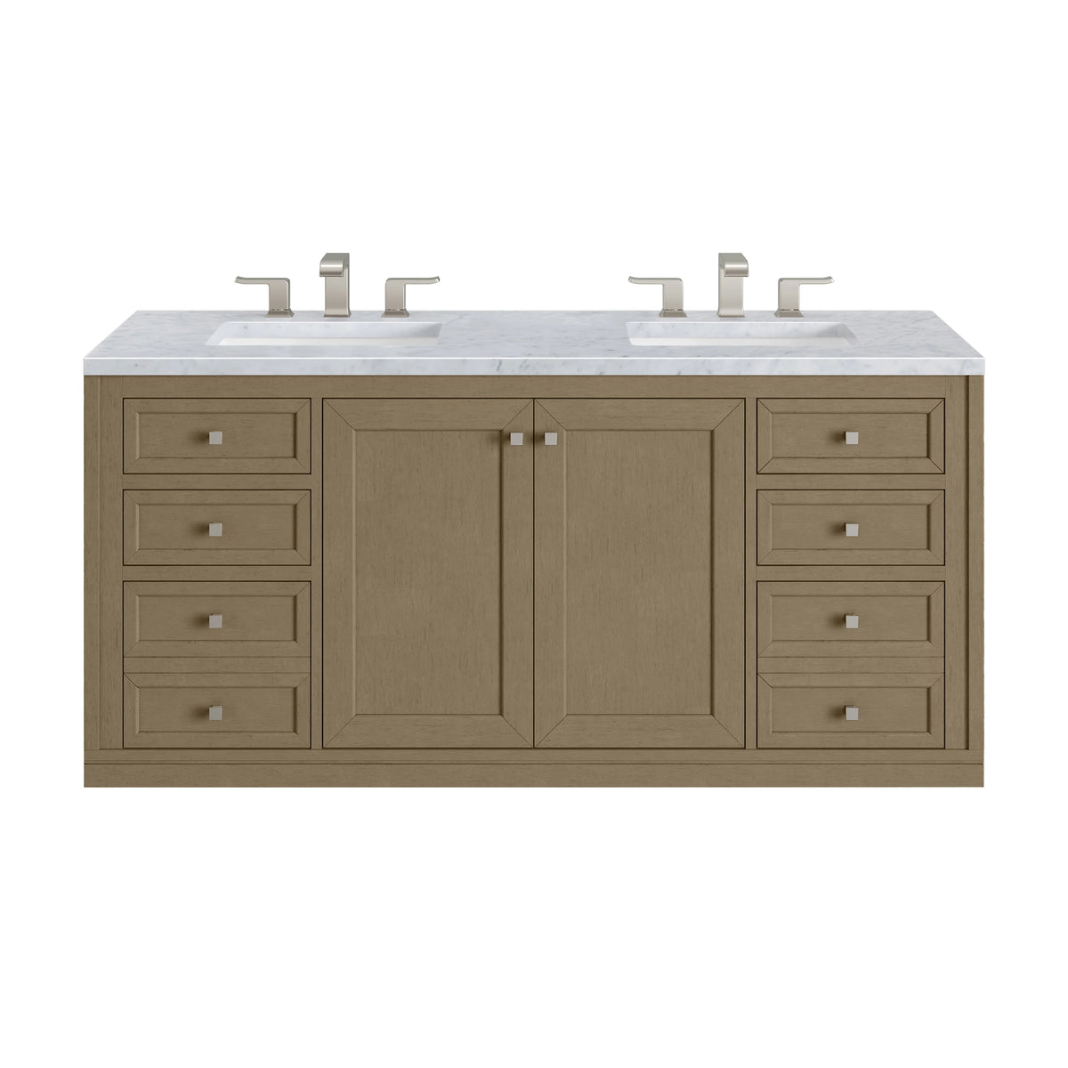 Chicago 60" Double Vanity, Walnut Whisper, w/ 3 CM Carrara Marble Top, view 3