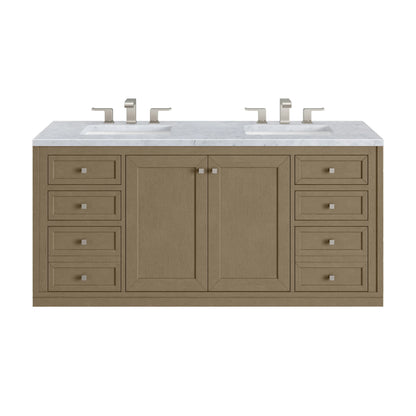 Chicago 60" Double Vanity, Walnut Whisper, w/ 3 CM Carrara Marble Top, view 3