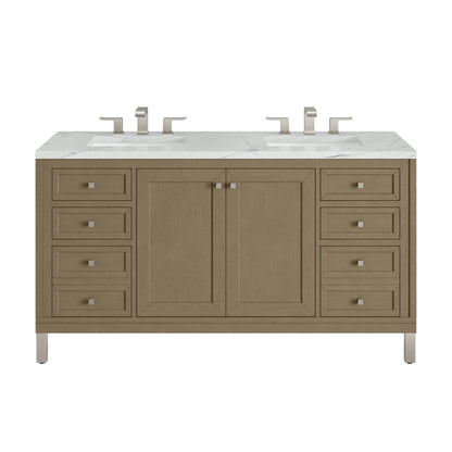Chicago 60" Double Vanity, Walnut Whisper, w/ 3 CM Ethereal Noctis Silestone® Top