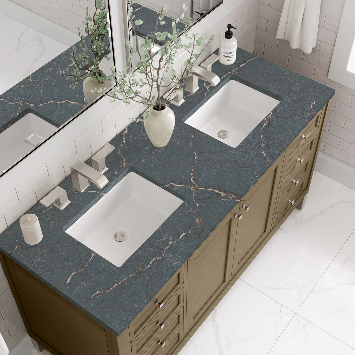 Chicago 60" Double Vanity, Walnut Whisper, w/ 3 CM Parisien Bleu Silestone® Top, view 7