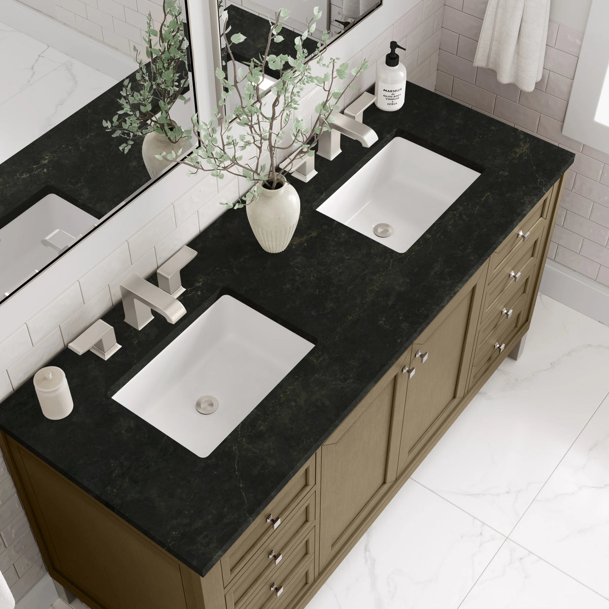 Chicago 60" Double Vanity, Walnut Whisper, w/ 3 CM Phantome Eclos Top, view 11