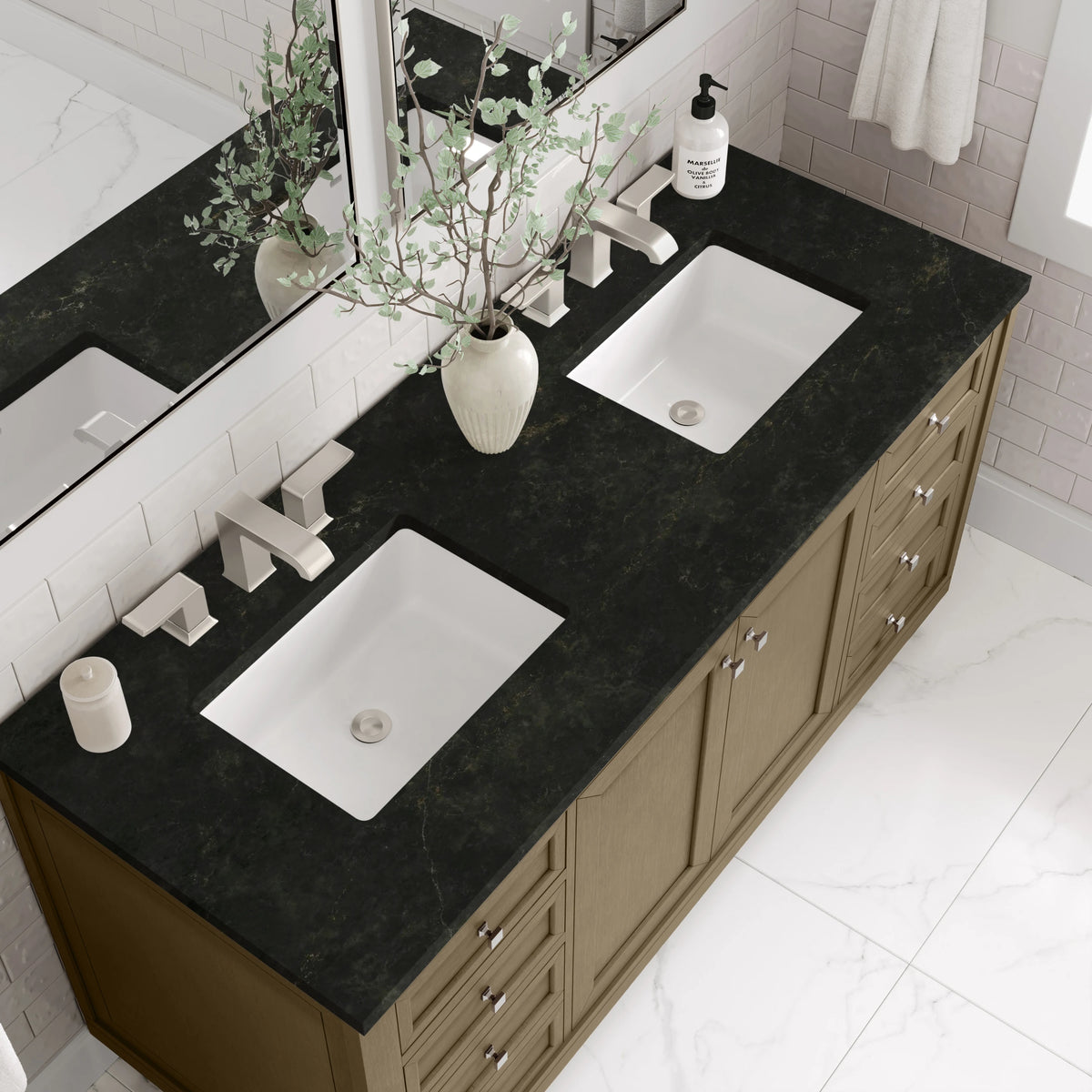 Chicago 60" Double Vanity, Walnut Whisper, w/ 3 CM Phantome Eclos Top, view 12