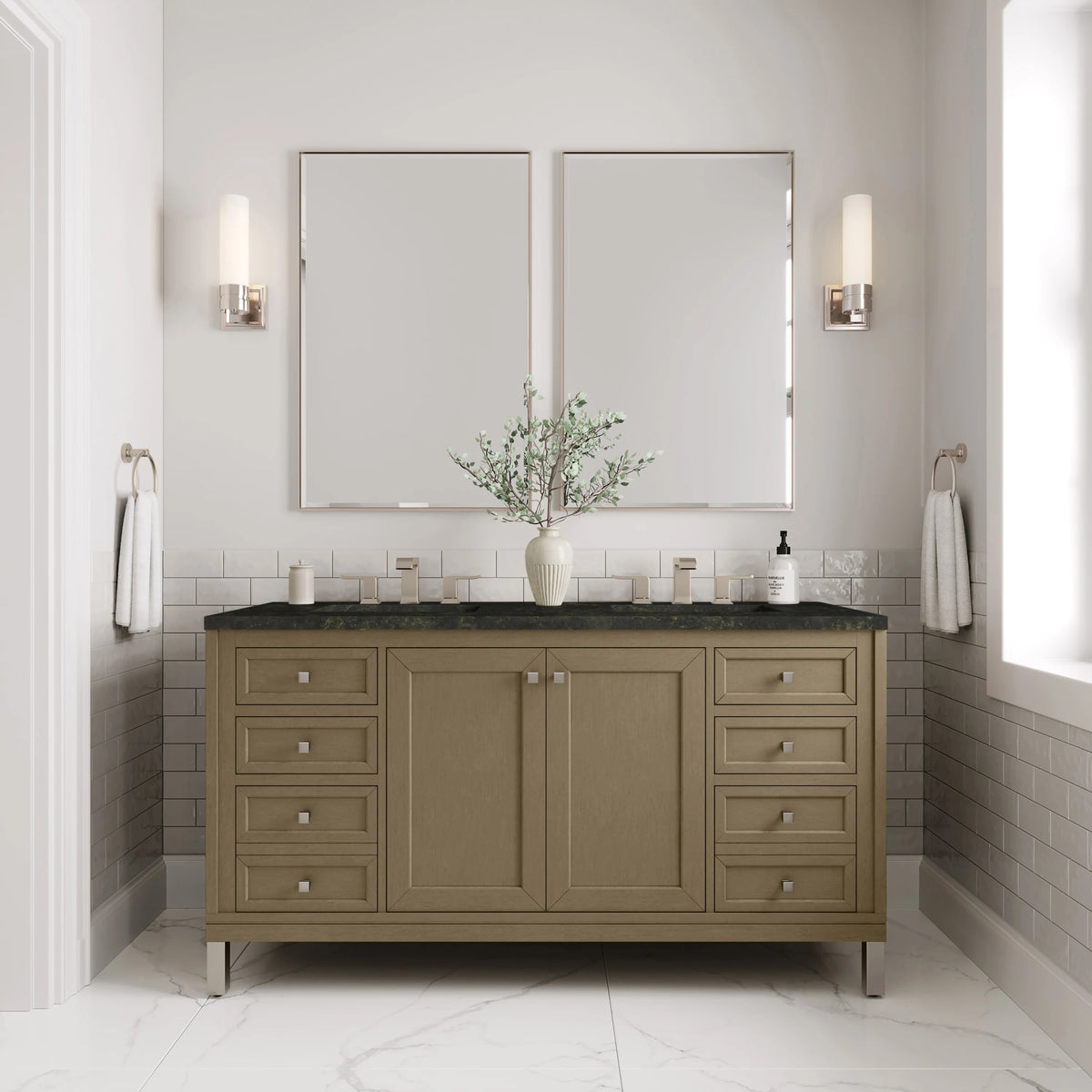 Chicago 60" Double Vanity, Walnut Whisper, w/ 3 CM Phantome Eclos Top, view 4