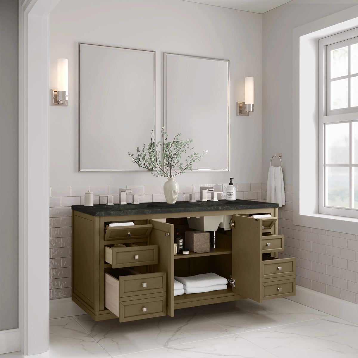 Chicago 60" Double Vanity, Walnut Whisper, w/ 3 CM Phantome Eclos Top, view 9