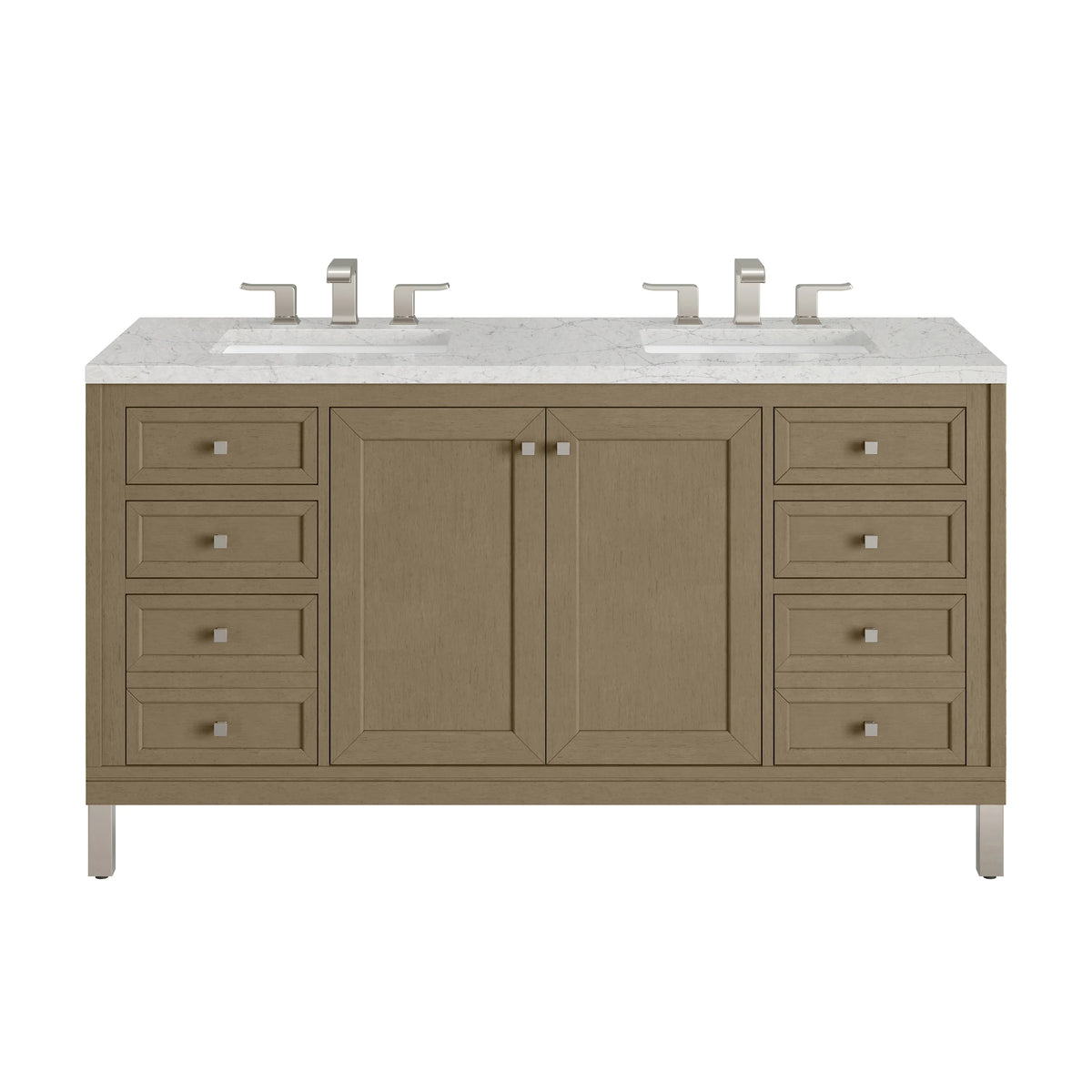 Chicago 60" Double Vanity, Walnut Whisper, w/ 3 CM Eternal Jasmine Pearl Silestone® Top w/FreePower Wireless Charger
