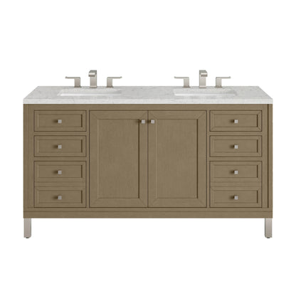 Chicago 60" Double Vanity, Walnut Whisper, w/ 3 CM Eternal Jasmine Pearl Silestone® Top w/FreePower Wireless Charger