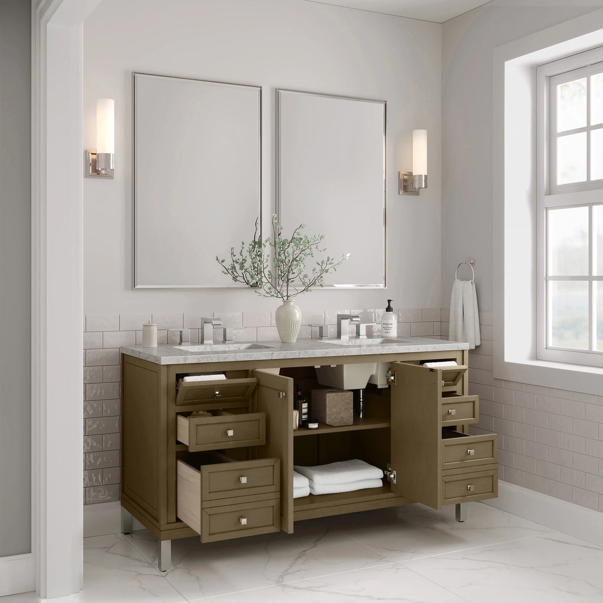 Chicago 60" Double Vanity, Walnut Whisper, w/ 3 CM Eternal Jasmine Pearl Silestone® Top w/FreePower Wireless C, view 13