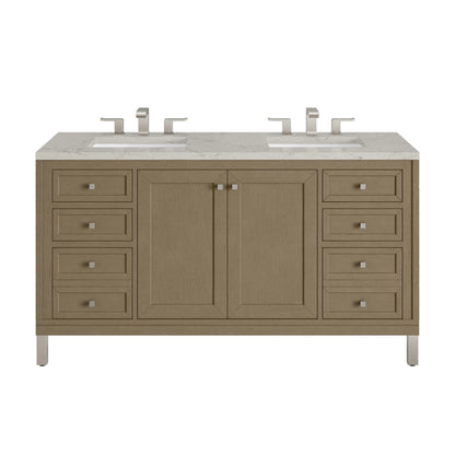 Chicago 60" Double Vanity, Walnut Whisper, w/ 3 CM Victorian Silver Silestone® Top w/FreePower Wireless Charger