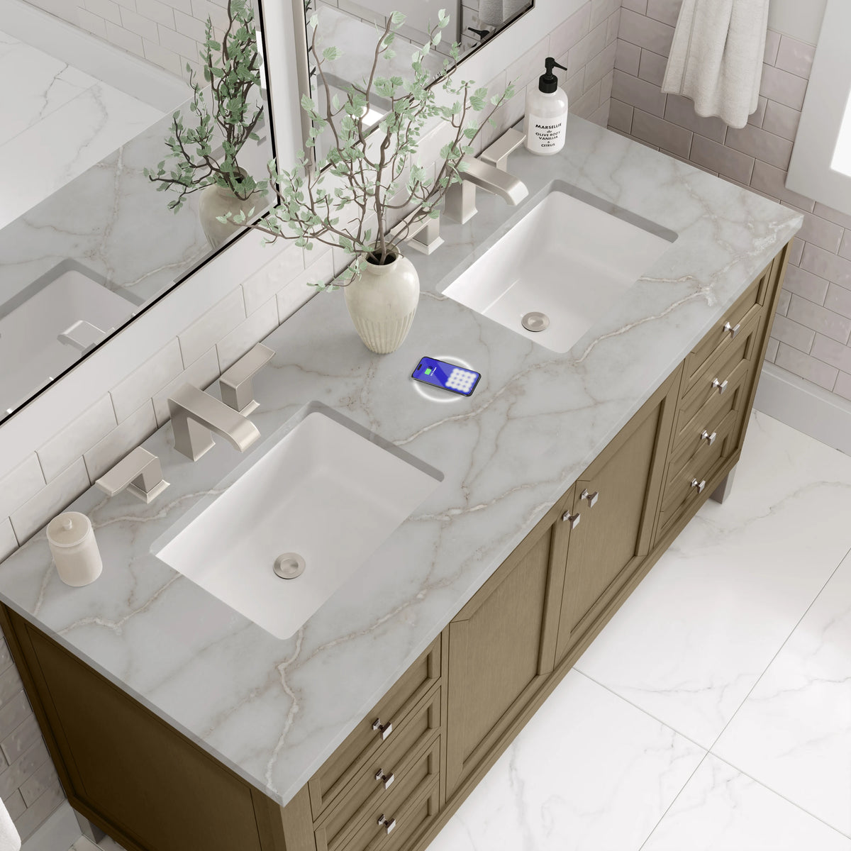 Chicago 60" Double Vanity, Walnut Whisper, w/ 3 CM Victorian Silver Silestone® Top w/FreePower Wireless Charger, view 10