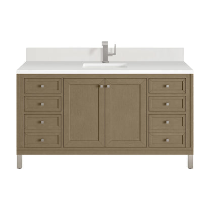 Chicago 60" Single Vanity, Walnut Whisper, w/ Single Hole 3CM White Zeus Silestone® Top & Backsplash