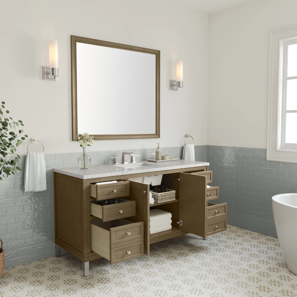 Chicago 60" Single Vanity, Walnut Whisper, w/ 3 CM Eternal Jasmine Pearl Silestone® Top, view 10
