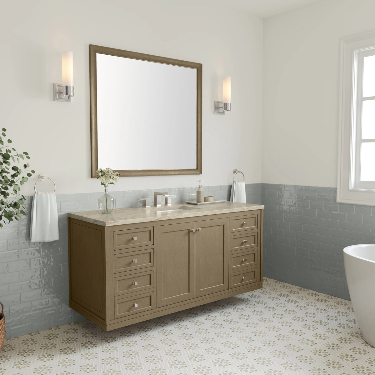 Chicago 60" Single Vanity, Walnut Whisper, w/ 3 CM Tajnar Eclos Top, view 7
