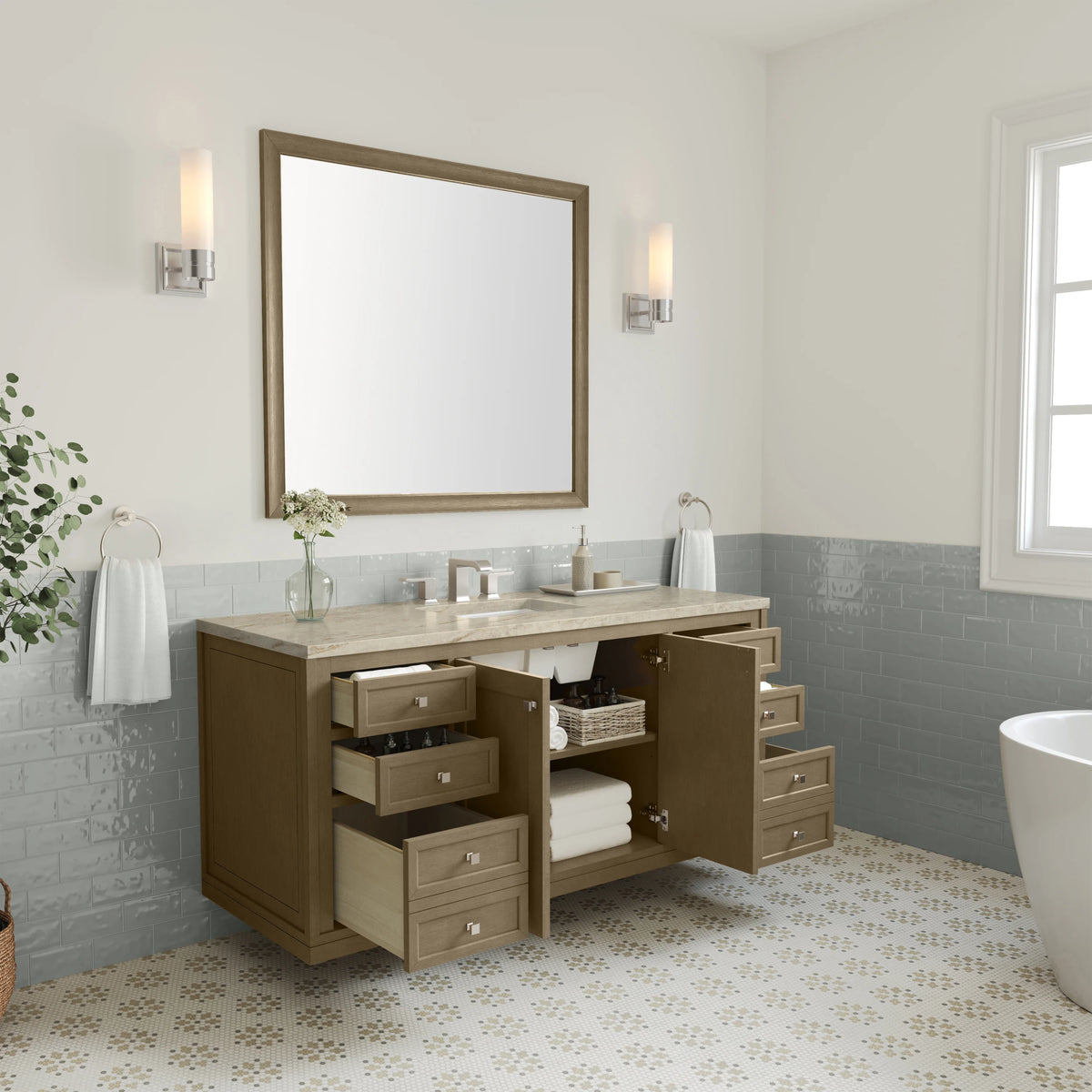 Chicago 60" Single Vanity, Walnut Whisper, w/ 3 CM Tajnar Eclos Top, view 9