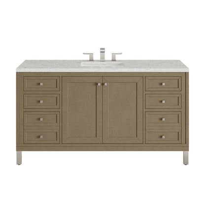 Chicago 60" Single Vanity, Walnut Whisper, w/ 3 CM Eternal Jasmine Pearl Silestone Top w/ FreePower Wireless Charger