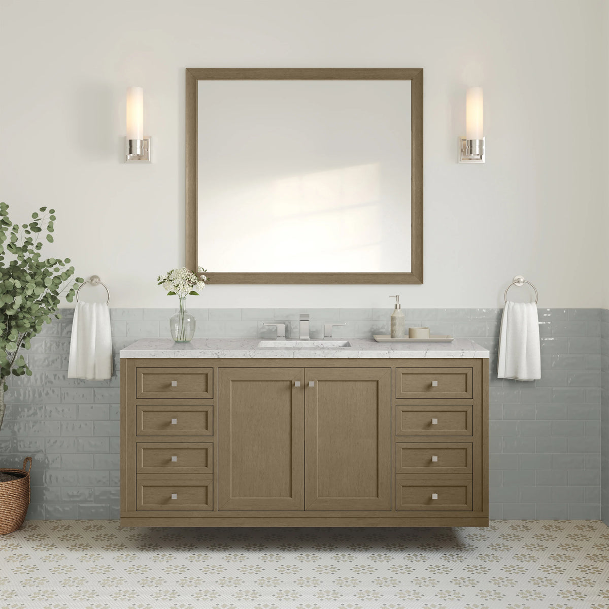 Chicago 60" Single Vanity, Walnut Whisper, w/ 3 CM Eternal Jasmine Pearl Silestone Top w/ FreePower Wireless Ch, view 6