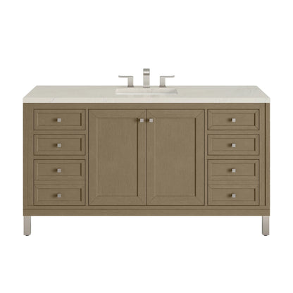 Chicago 60" Single Vanity, Walnut Whisper, w/ 3 CM Siberian Silestone Top w/FreePower Wireless Charger