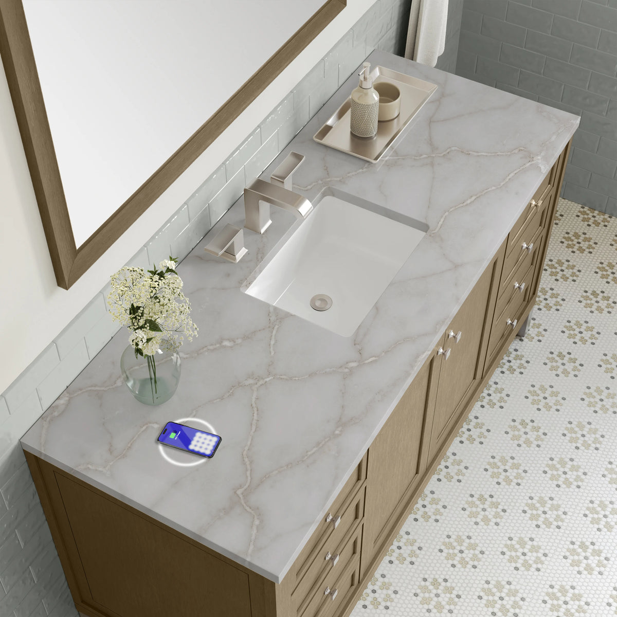 Chicago 60" Single Vanity, Walnut Whisper, w/ 3 CM Victorian Silver Silestone Top w/ FreePower Wireless Charger, view 9