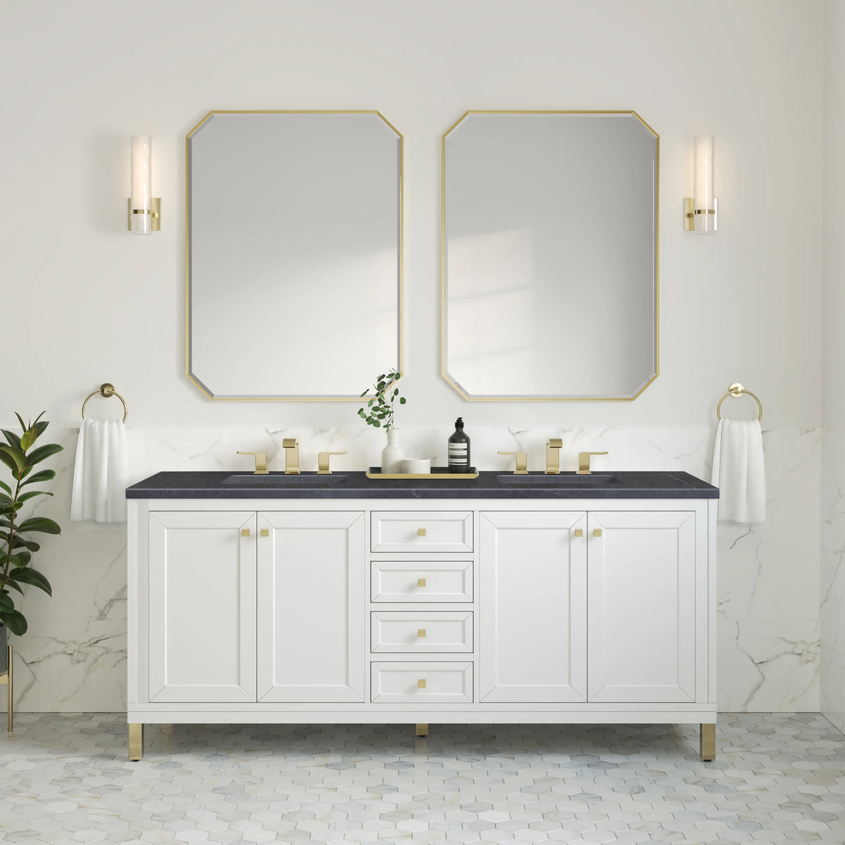 Chicago 72" Double Vanity, Glossy White, w/ 3 CM Charcoal Soapstone Silestone® Top, view 4