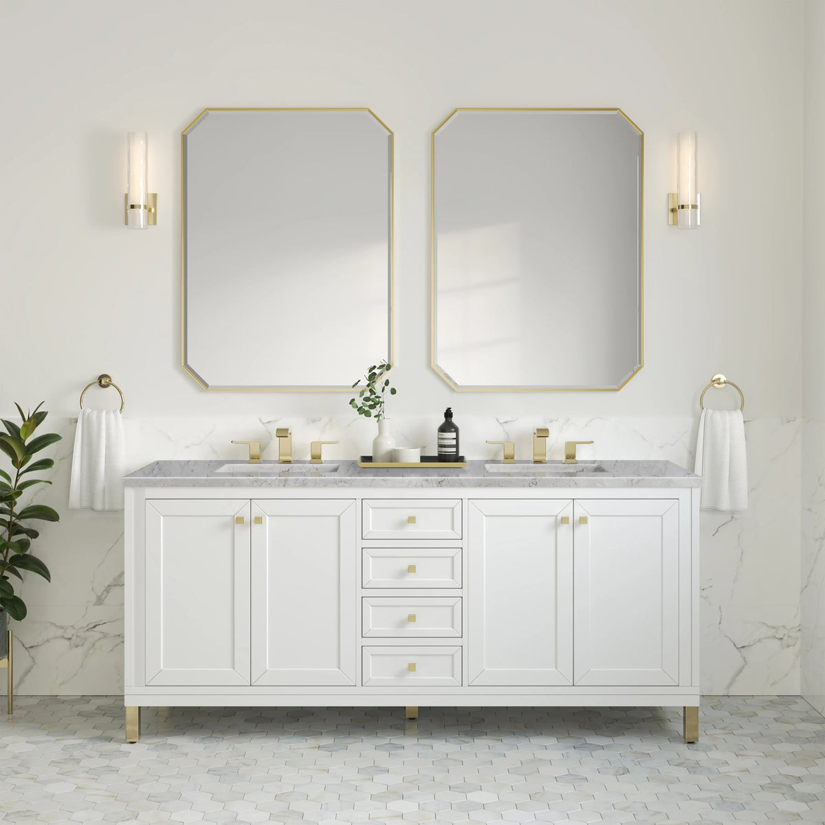 Chicago 72" Double Vanity, Glossy White, w/ 3 CM Eternal Jasmine Pearl Silestone Top w/ FreePower Wireless Char, view 5