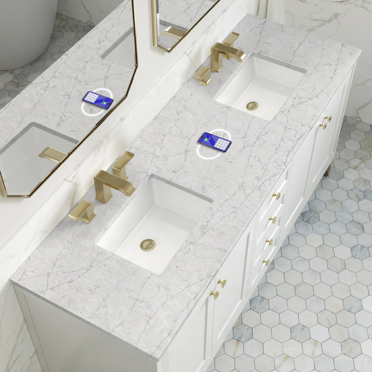 Chicago 72" Double Vanity, Glossy White, w/ 3 CM Eternal Jasmine Pearl Silestone Top w/ FreePower Wireless Char, view 9