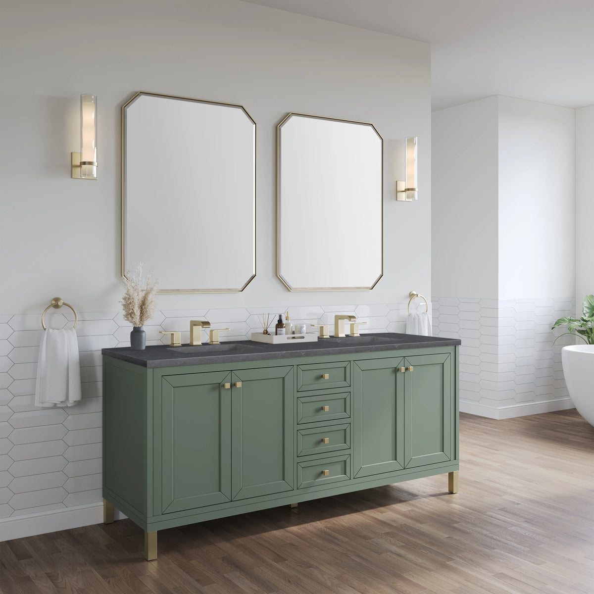 Chicago 72" Double Vanity, Smokey Celadon, w/ 3 CM Charcoal Soapstone Silestone® Top, view 6