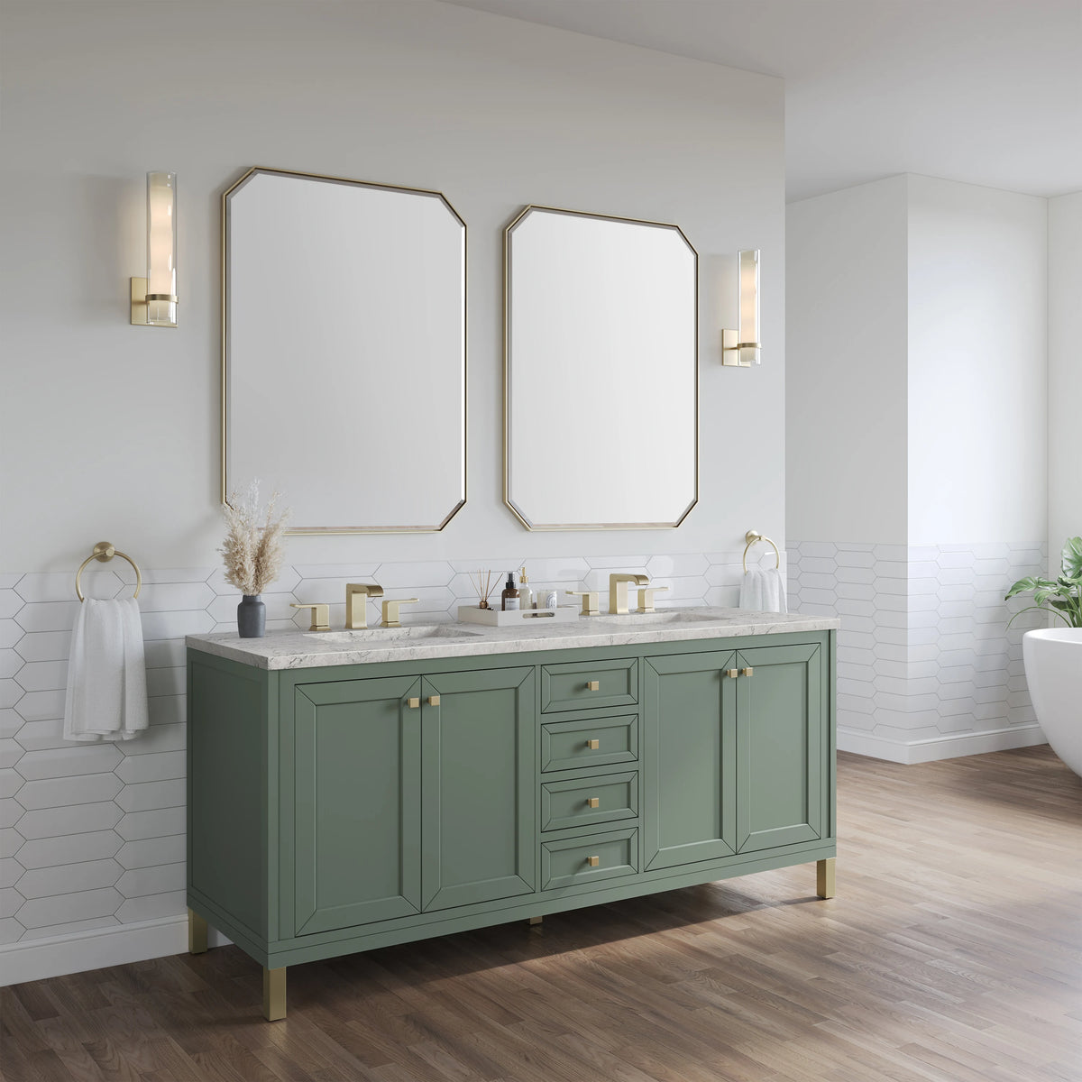 Chicago 72" Double Vanity, Smokey Celadon, w/ 3 CM Eternal Jasmine Pearl Silestone® Top, view 6