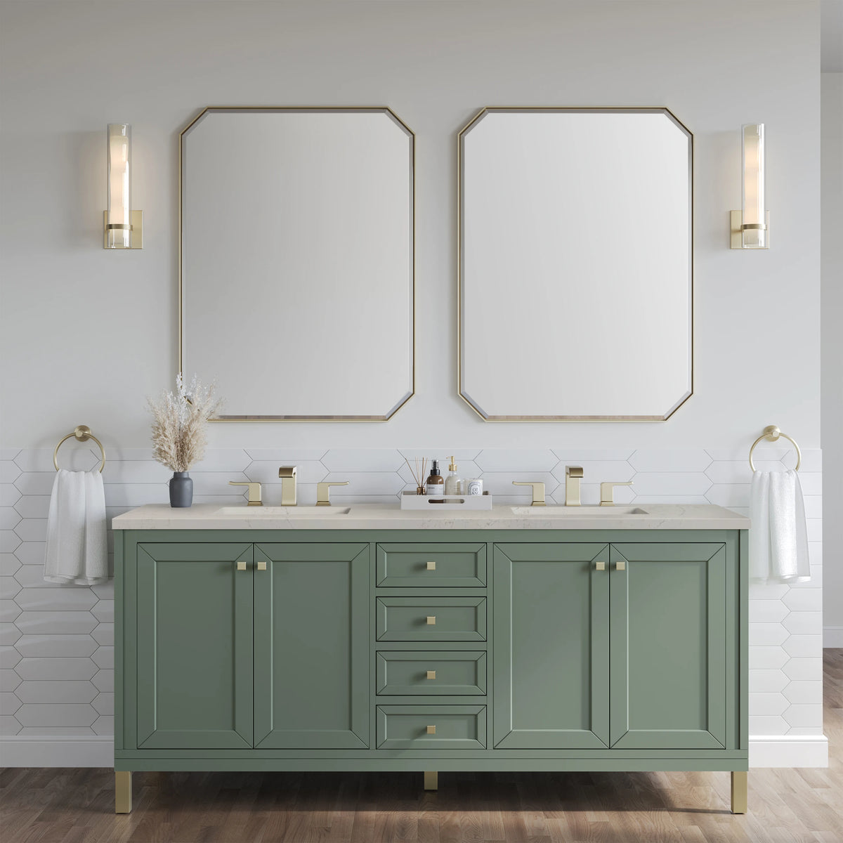 Chicago 72" Double Vanity, Smokey Celadon, w/ 3 CM Siberian Silestone Top, view 3